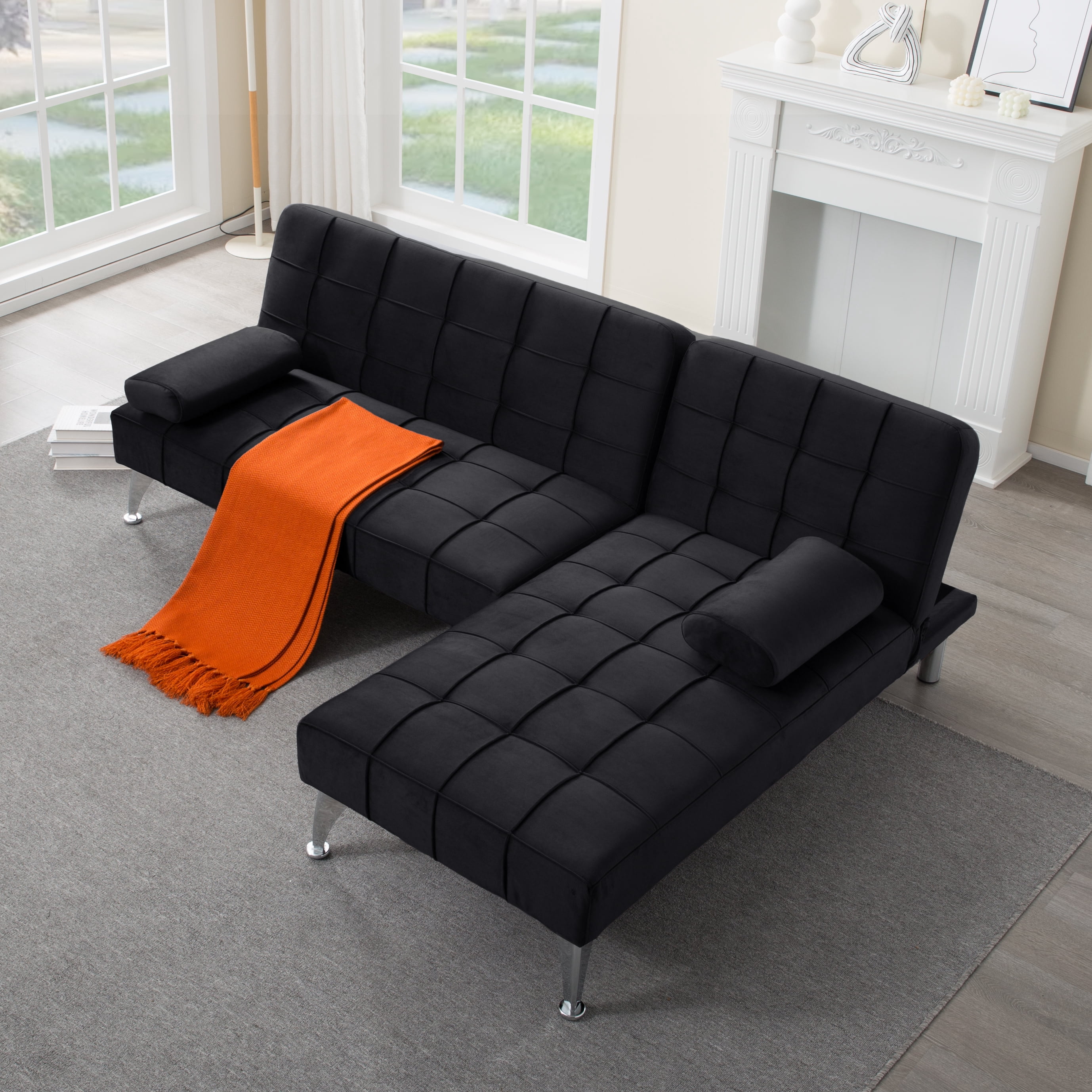 Gewnee 78.35”L-Shaped Velvet Reversible Sectional Sleeper Sofa,Futon Sofa with Adjustable Split Back & Chaise,Couch for Home,Office and Guest Room.Black