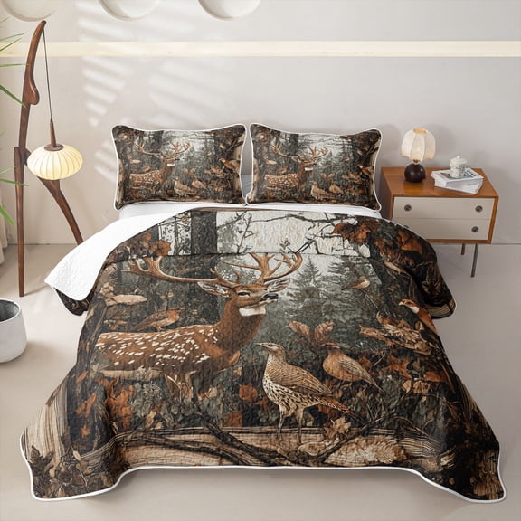Castle Fairy Rustic Woodland Spotted Deer Twin Quilt Set for Teens,Natural Forest Bird Twin Coverlet Set,Brown Green