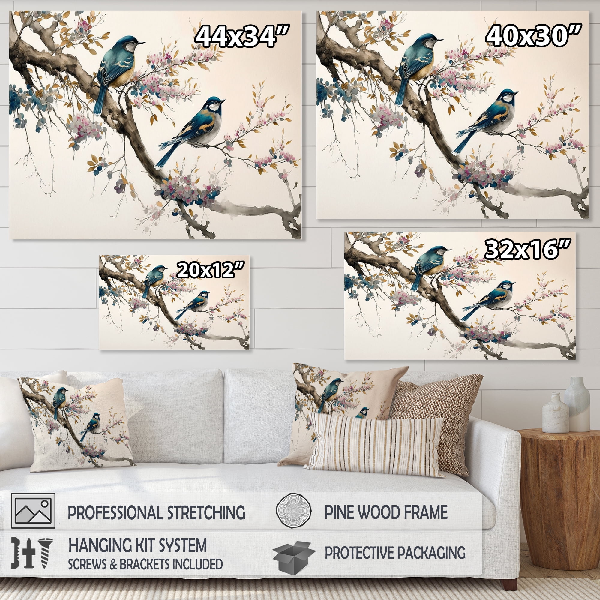 Designart Multicolor Birds On Plum Blossoms Tree XIII Canvas Wall Art