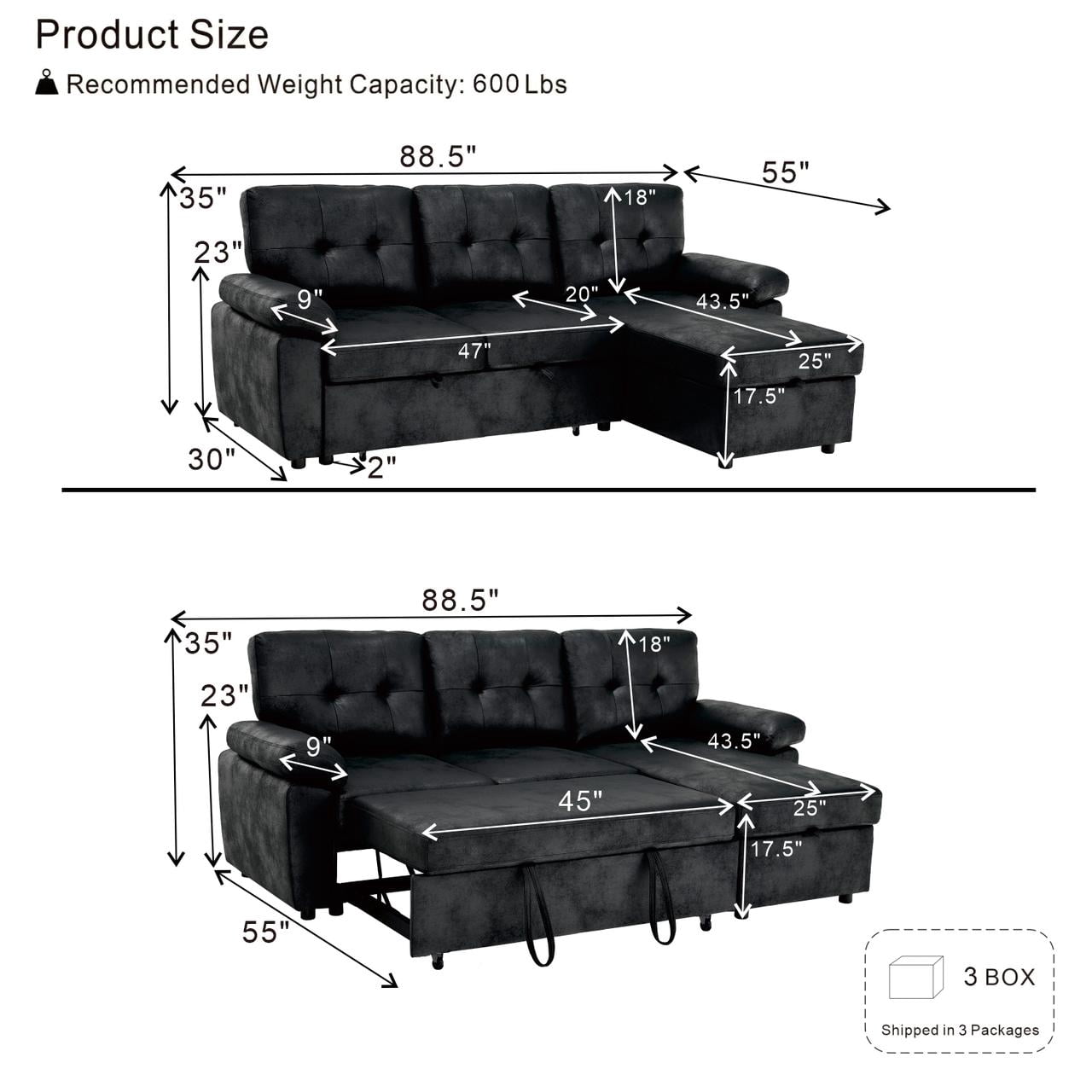Garitin Sectional Sofa Bed and L Shaped Convertible Couch 88.5 Inch, Pull Out Sleeper with Storage Chaise for Living Room, Black