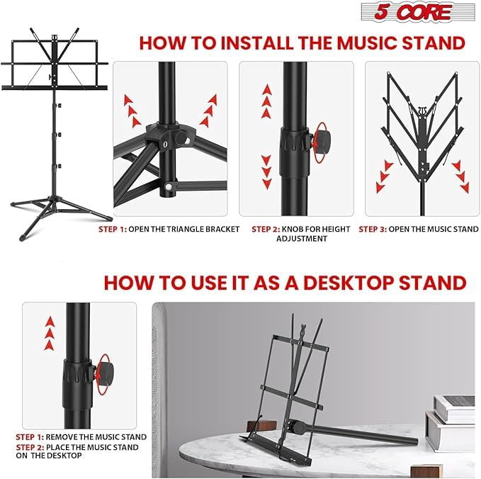 5Core Music Stand For Sheet Music Portable Tripod Adjustable Folding With Lights Note Holder BLACK