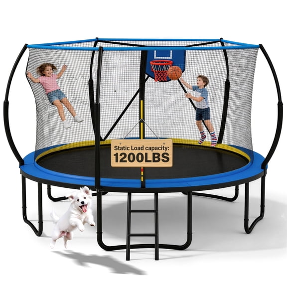 12FT Trampoline for Kids with No-gap Design, SHINPT Outdoor Trampoline with Basketball Hoop, 12FT Kids Trampoline with 1200LBS Capacity, Big Trampoline Outdoor for Backyard, Large Trampoline Outdoor