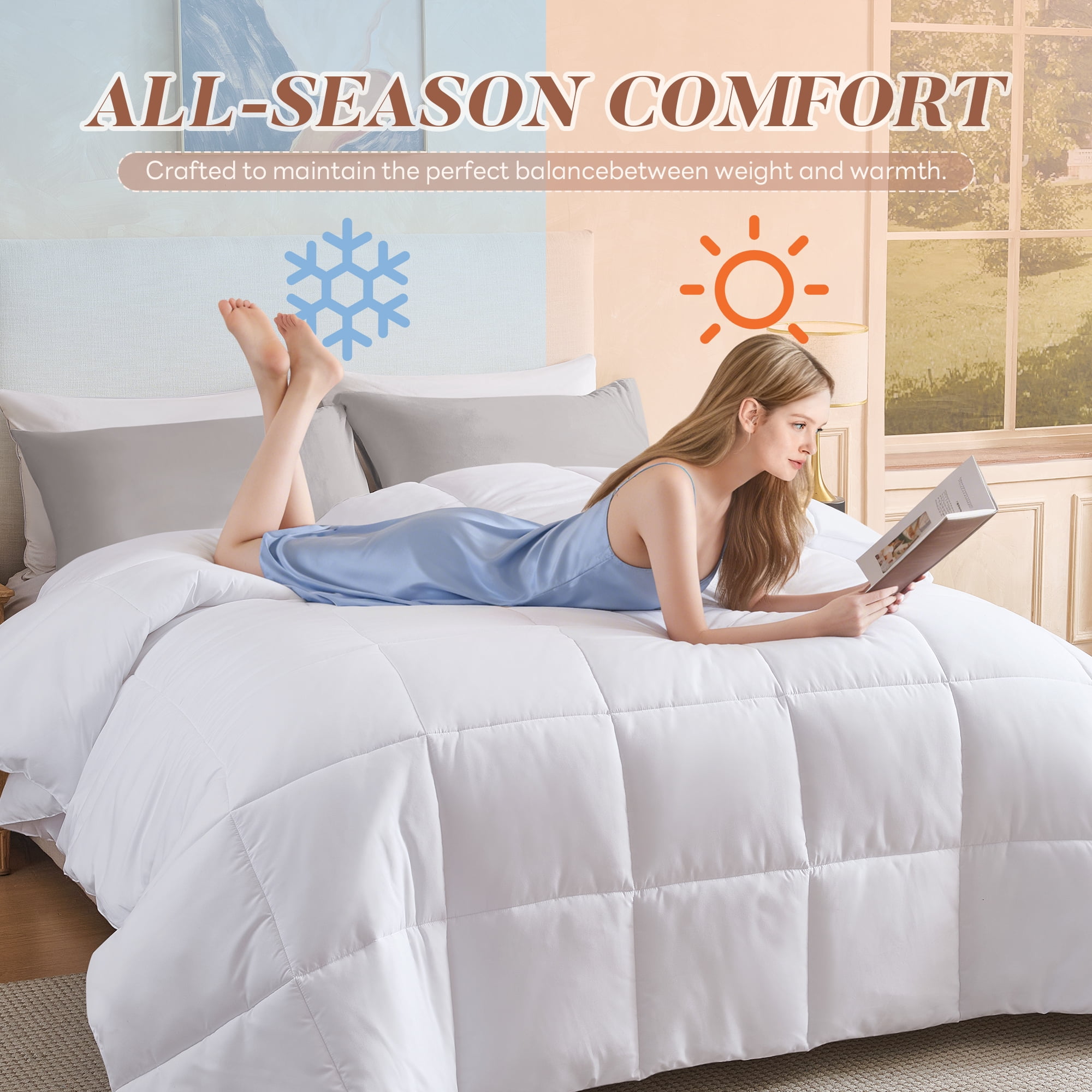 Aquzin Comforter Queen Size, All Season Quilted Down Alternative Duvet Insert with Corner Tabs, Machine Washable Microfiber Bedding, White