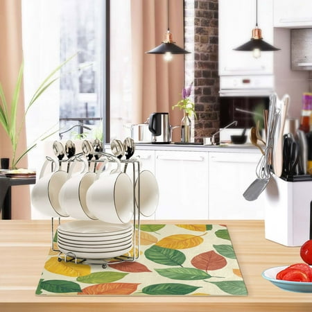 

Kitchen Leather Drying Mat 17.7*11.8*0.12 Inch Kitchen Drying Mat Coffee Machine Mat Dish Drying Mats Fast Water Absorption Beautiful Fashion Coloured Leaves2
