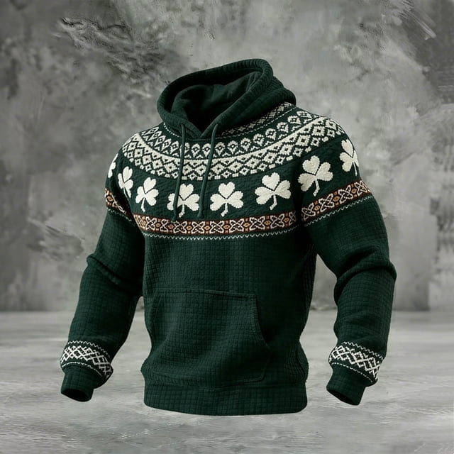 Ceisia Men's Slim Fit Waffle Knit Hoodie - St. Patrick's Day Shamrock & Nordic Jacquard Sweatshirt Green XXL Gifts