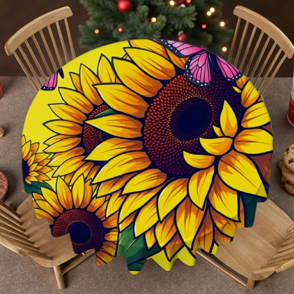 RKSupls 60 Inch Round Tablecloth, Sunflower Butterfly Floral Polyester Table Cover - Soft, Stain Resistant & Washable Decor for Wedding, Party, Holiday, Home Dining