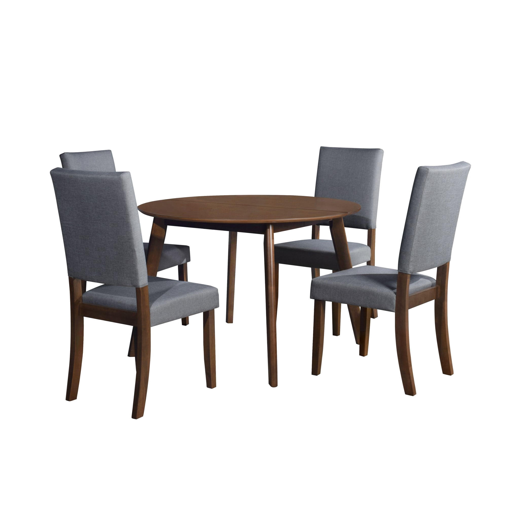Home Design Laurel 5-Piece Dining Set with Round Split-Top Table and Linen-Upholstered Cushioned Chairs, Tapered Legs, Flared Back, Modern-Traditional Style, Brown/Gray