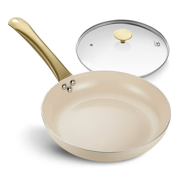 Koch Systeme CS 10 inch Aluminum Frying Pan with Lid, Non-stick Frying Pan with Golden Handle, Oven Safe & All Stovetop Compatible, Cream White