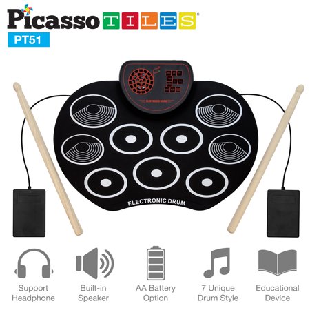 PicassoTiles Kid’s Roll Up Electronic Drum Kit w/ Built-in Speaker - Portable Digital