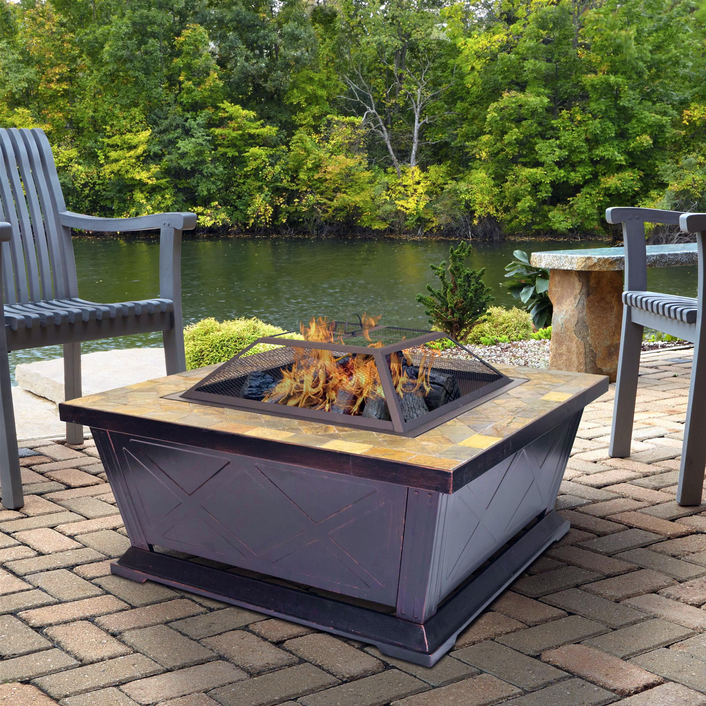 Outdoor Leisure Products 36 Inch Square Steel Fire Pit With Decorative Slate Hearth And Oil Rubbed Bronze Finish Walmart Com