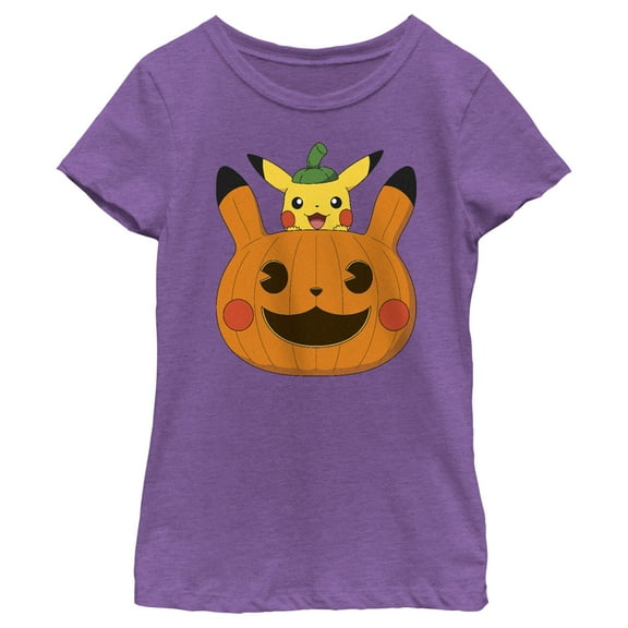 Girl's Pokemon Halloween Pikachu Jack-O'-Lantern  Graphic Tee Purple Berry Large
