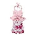 thumbnail image 1 of Fortune Baby Girl Clothes Pink Sleeveless Hanging Neck Ruffle Top+Floral Shorts, 1 of 8