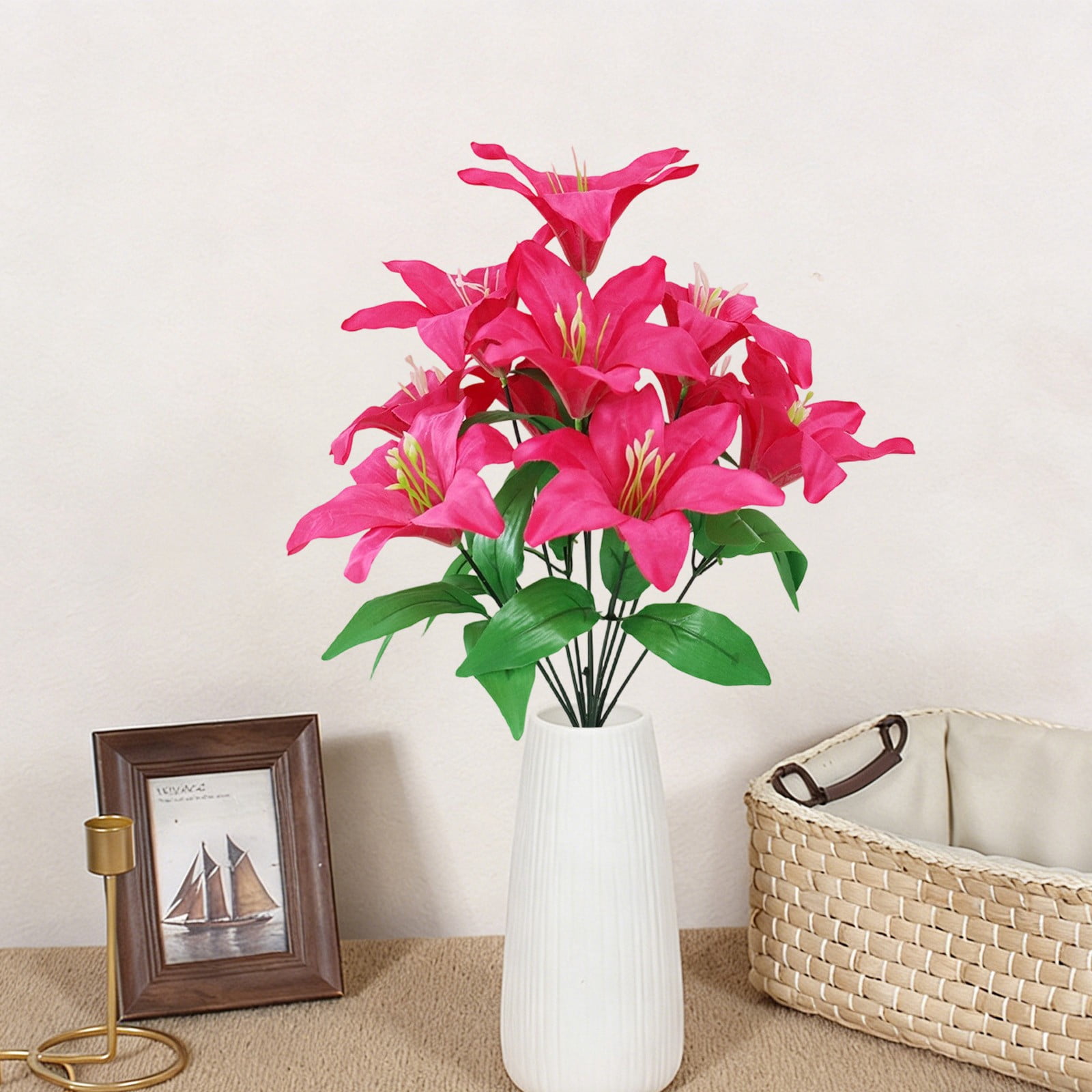 ERTZAE Shop Window Lily Display,Durable Artificial Lilies,Residential Home Floral,Indoor Decorative Lilies,Pink 10-Head Artificial Multi-Leaf Lily Bouquet 18Inch,Realistic Flower Stem for Vase Decor