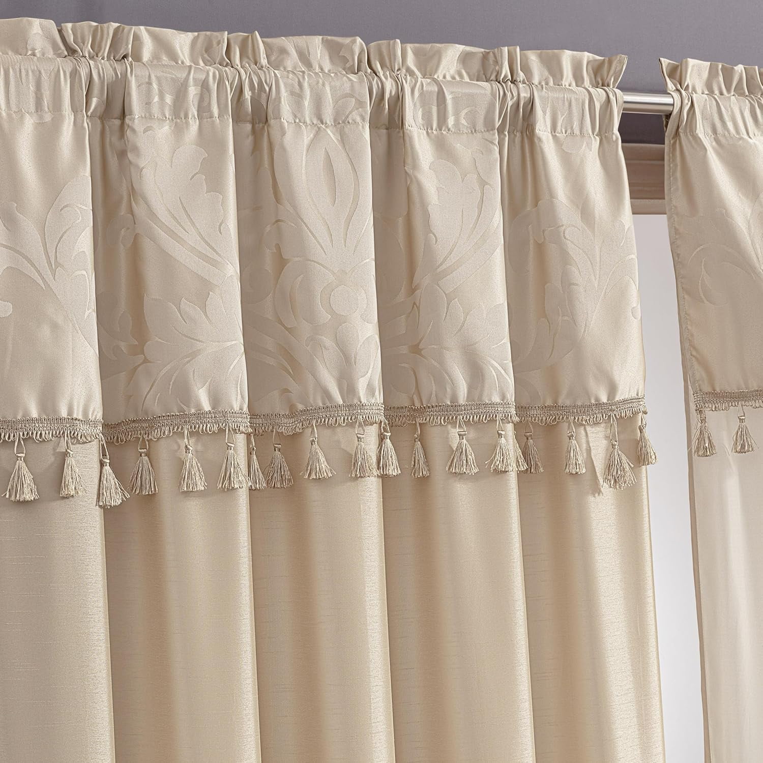 Chezmoi Collection Royal 4-Piece Jacquard Floral Window Curtain Set, Champagne