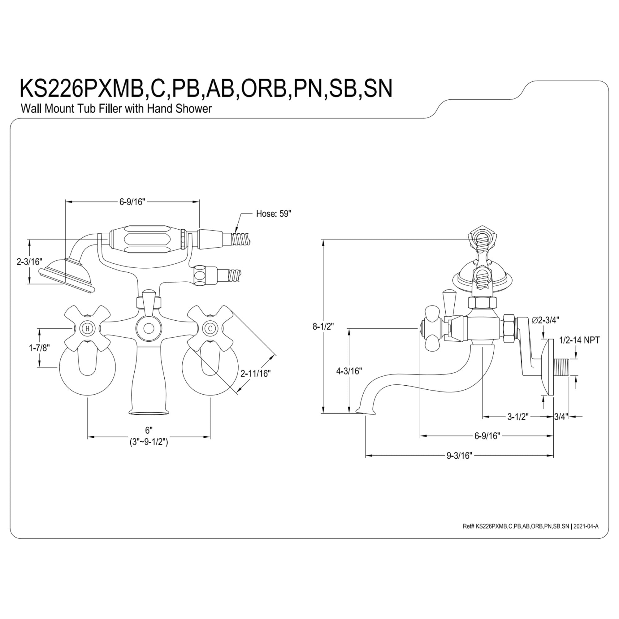 Kingston Brass KS226PXMB Kingston Three-Handle 2-Hole Wall Mount Clawfoot Tub Faucet with Hand Shower in Matte Black