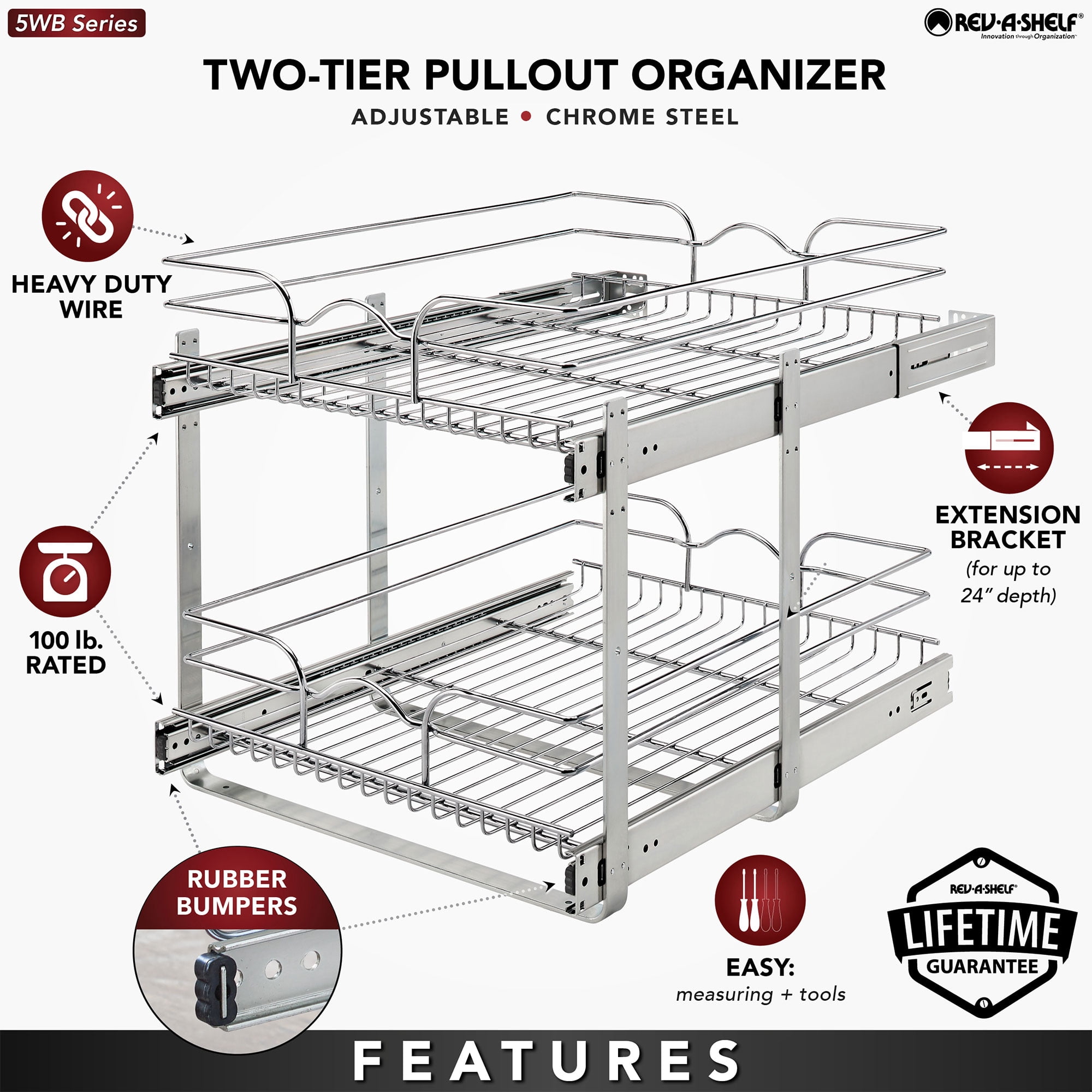 Rev-A-Shelf 5WB2-1822CR-1 18x22in 2-Tier Wire Pullout Cabinet Drawer Basket