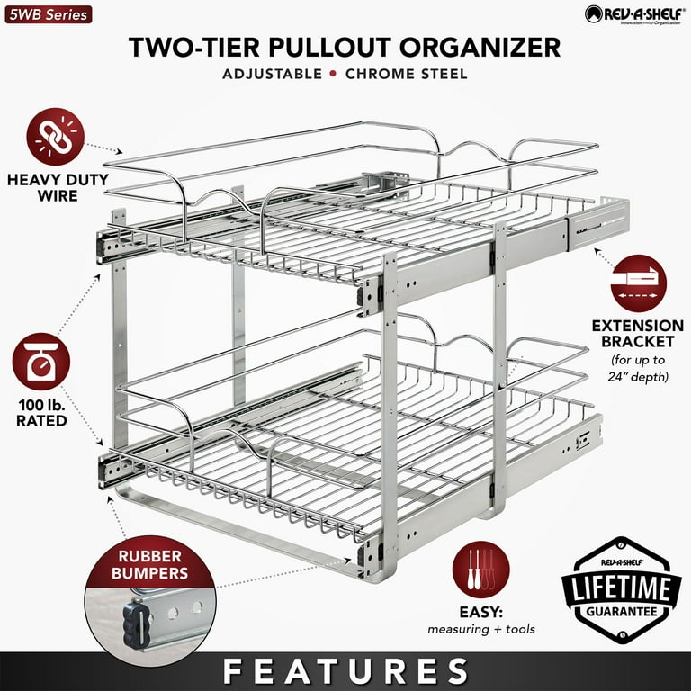 Rev-A-Shelf 12 Pullout 2 Tier Wire Basket Cookware Organizer for Base  Cabinet, Chrome, Reduced Depth Series