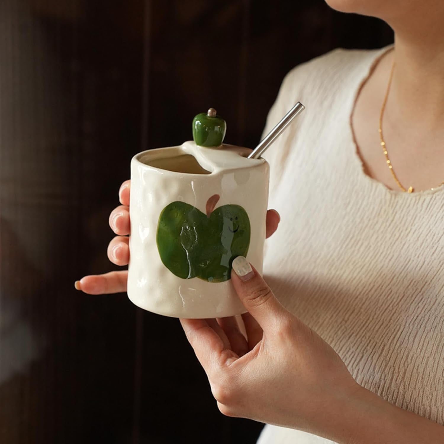 ABCISI Ceramic Coffee Mug, 10oz 3D Apple Espresso Cup for Kitchen Home Office, Novelty Porcelain Coffee Cup with Hand-Painted Apple for Water, Milk, Tea, Lovely Present and Home Decor, Green