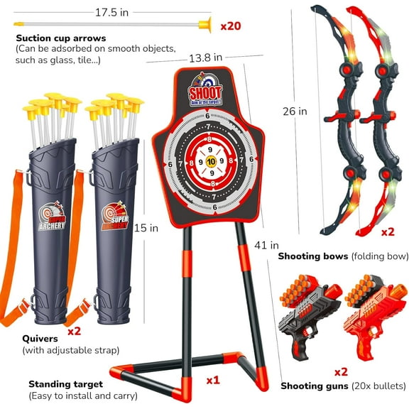 2 Pack Bow and  Toy for 5 6 7 8 9 10 11 12 Year Old Boys, Birthday for Kids, Indoor Outdoor Sport Games Toys for Ages 4-8 8-12, LED Light Up Archery Set with 20 Toy Arrows (Red)