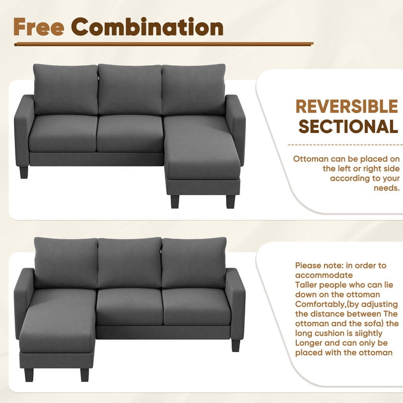 Furmax 70" Convertible Sectional Sofa Couch 3-Seat L-Shaped Small Sofa Couch with Reversible Chaise for Small Living Room, Apartment and Small Space, Linen Dark Gray