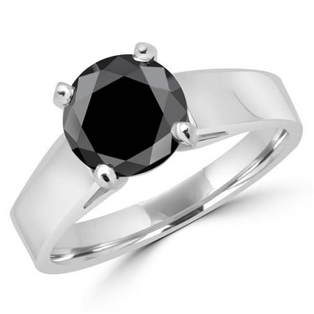 - MD160317-P 1.75 CT Classic Solitaire 4-Prong Round Black Diamond Engagement Ring in 14K White Gold
