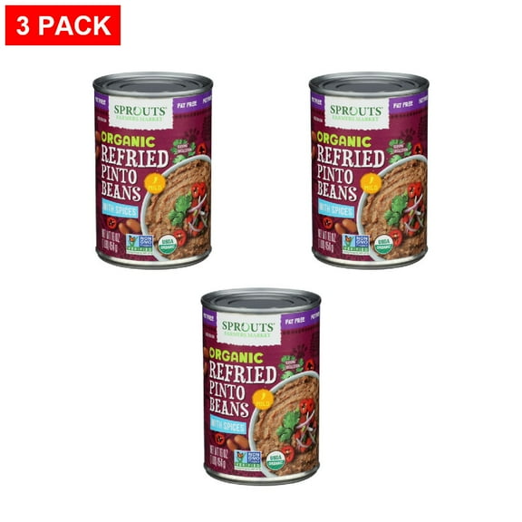Sprouts Organic Fat Free Refried Pinto Beans with Spices 16 oz (Pack of 3)
