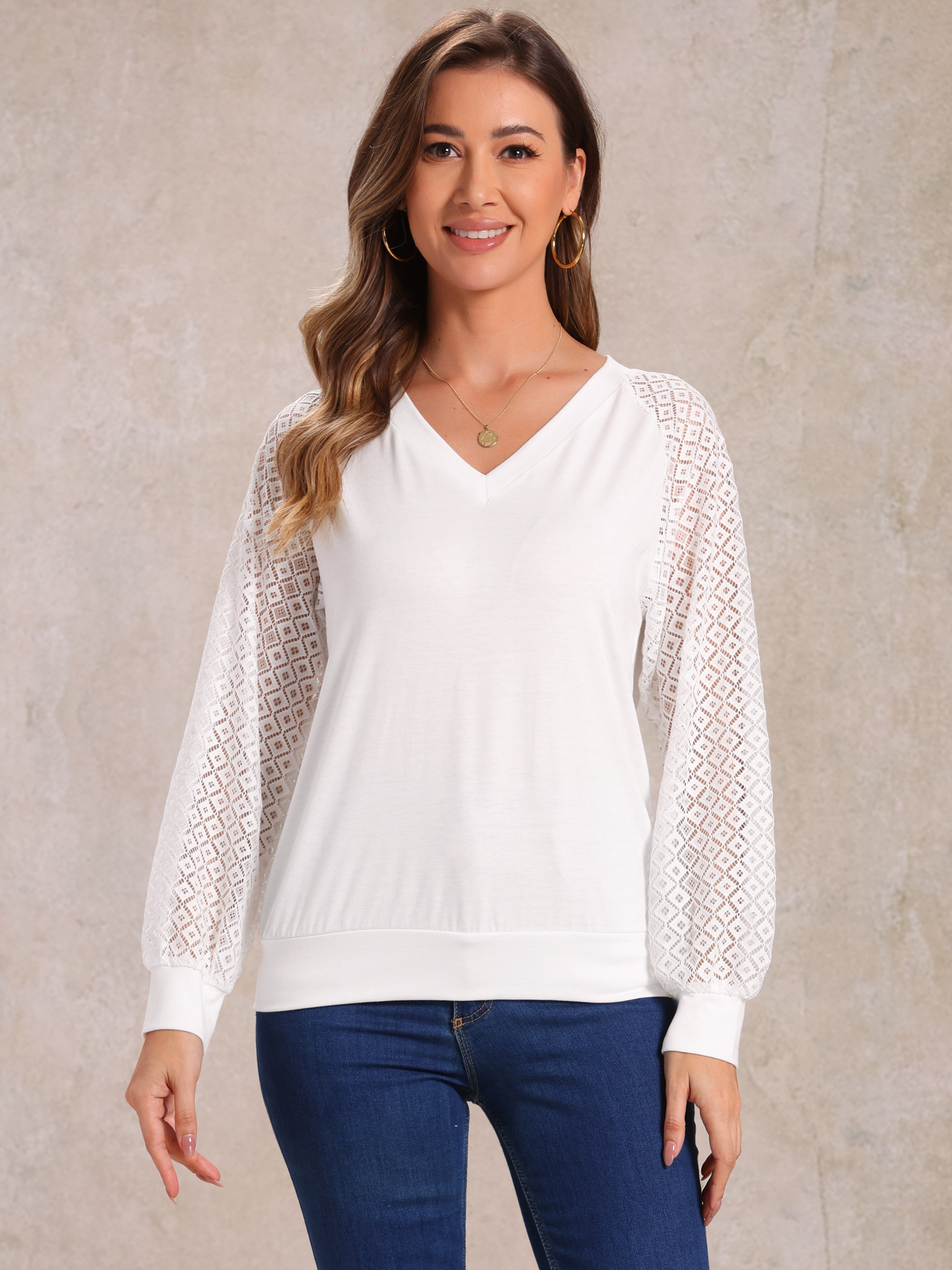 DARING DIVA Women's Lace Sleeve Work Office V Neck Tops S White