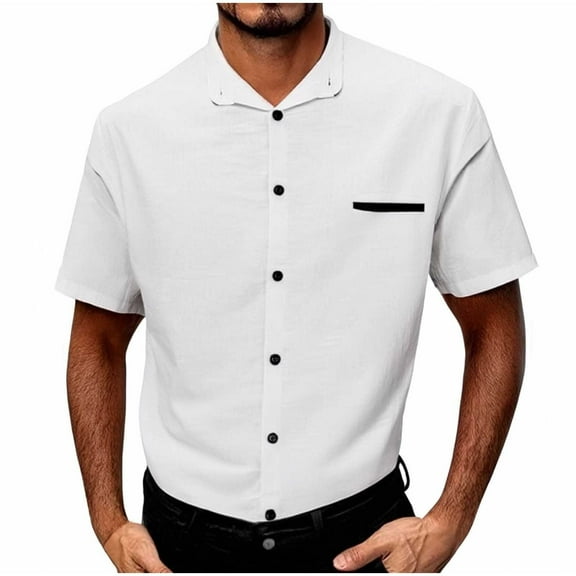 Iugvhana Mens Cotton and Linen Shirts Lightweight Breathable T-Shirts Button Down Short Sleeve Shirt Tops with Pocket White S