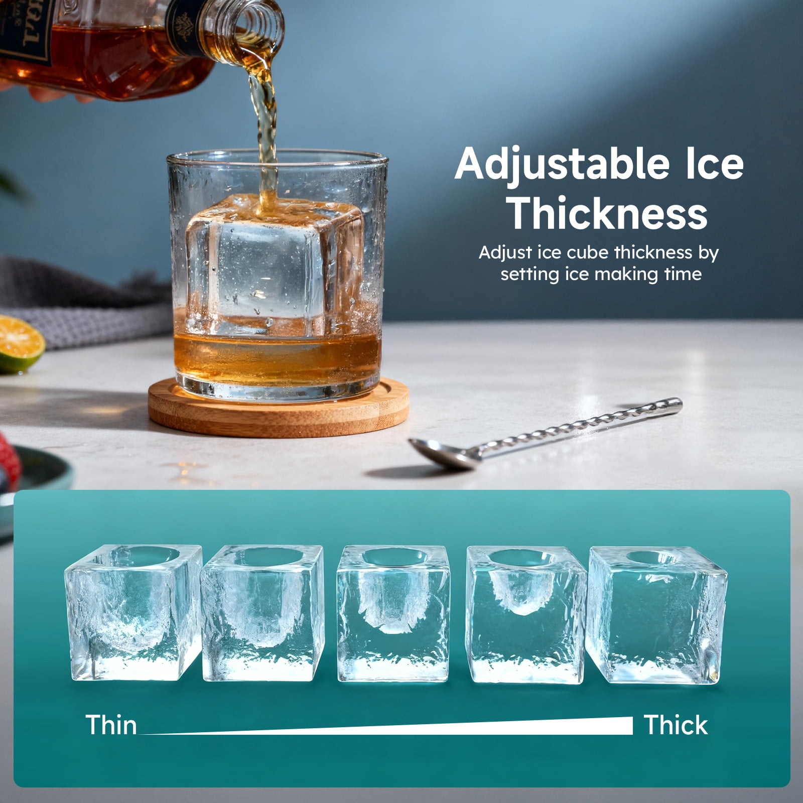 Ecojoy 1.7" Large Cube Ice Maker Countertop with 150 Pcs/Day, Nugget Ice Machine with Scoop & Basket, Self-Cleaning, Portable Ice Maker for Whiskey, Cocktails, and Iced Beverages