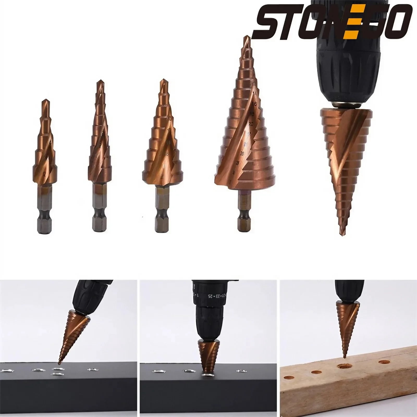 STONEGO 1PC HSS M35 Cobalt Step Drill Bit - High-Speed Steel with Taper Hexagon Shank, Sizes 4-12mm, 4-20mm, 5-21mm, 5-27mm, 4-32mm for Metal and Wood Drilling