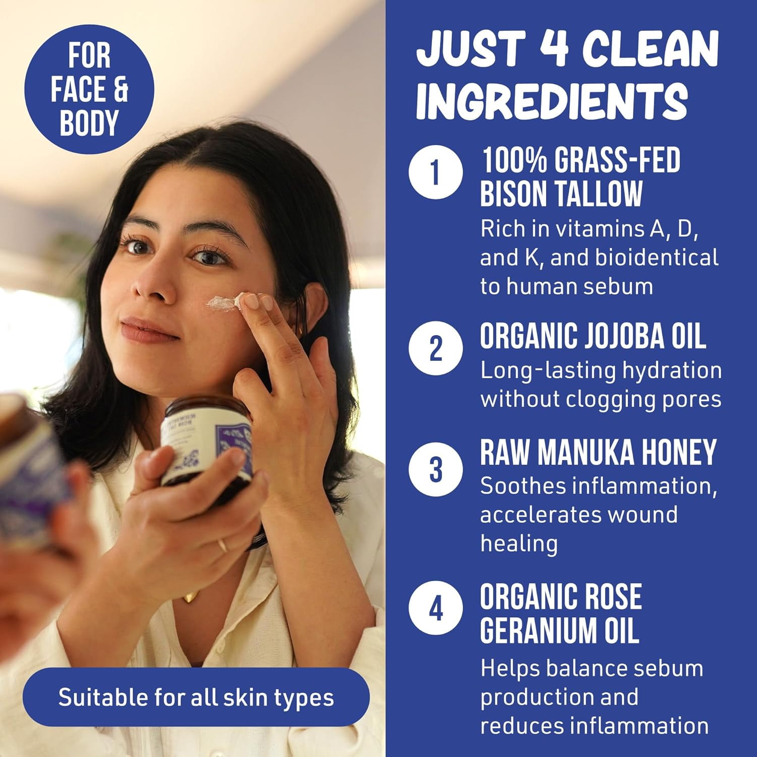 Grazly Rose Whipped Bison Tallow Balm with Manuka Honey & Jojoba Oil - Grass-Fed & Finished Organic Tallow Face Moisturizer - Face & Body Cream for Acne-Prone Skin - Nourishing Skincare - 2.5oz