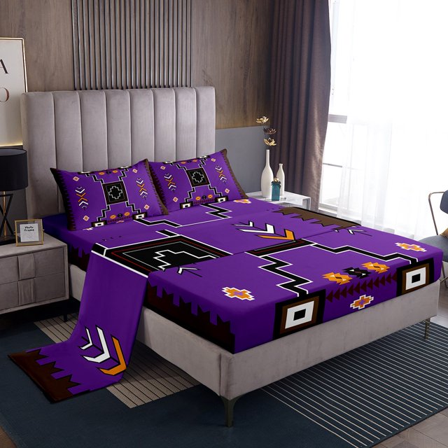 Erosebridal Purple Aztec Sheet Set King,Hippie Boho King Sheet Sets,4pcs