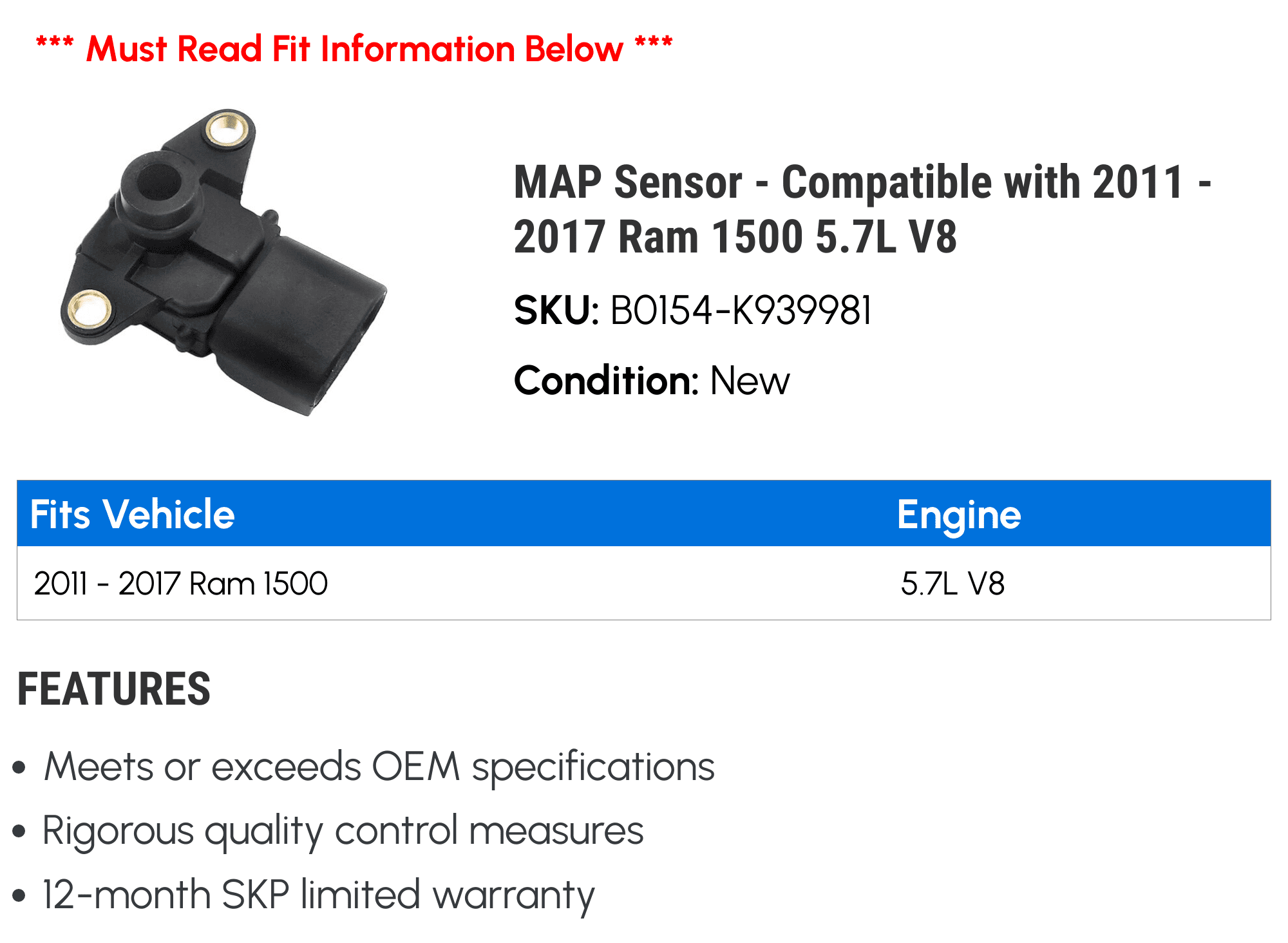 MAP Sensor - Compatible with 2011 - 2017 Ram 1500 5.7L V8 2012 2013 2014 2015 2016