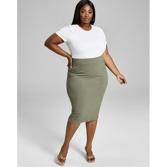 Bar III Women's Trendy Bodycon Ribbed Midi Skirt Dusty Olive Plus Size 2X