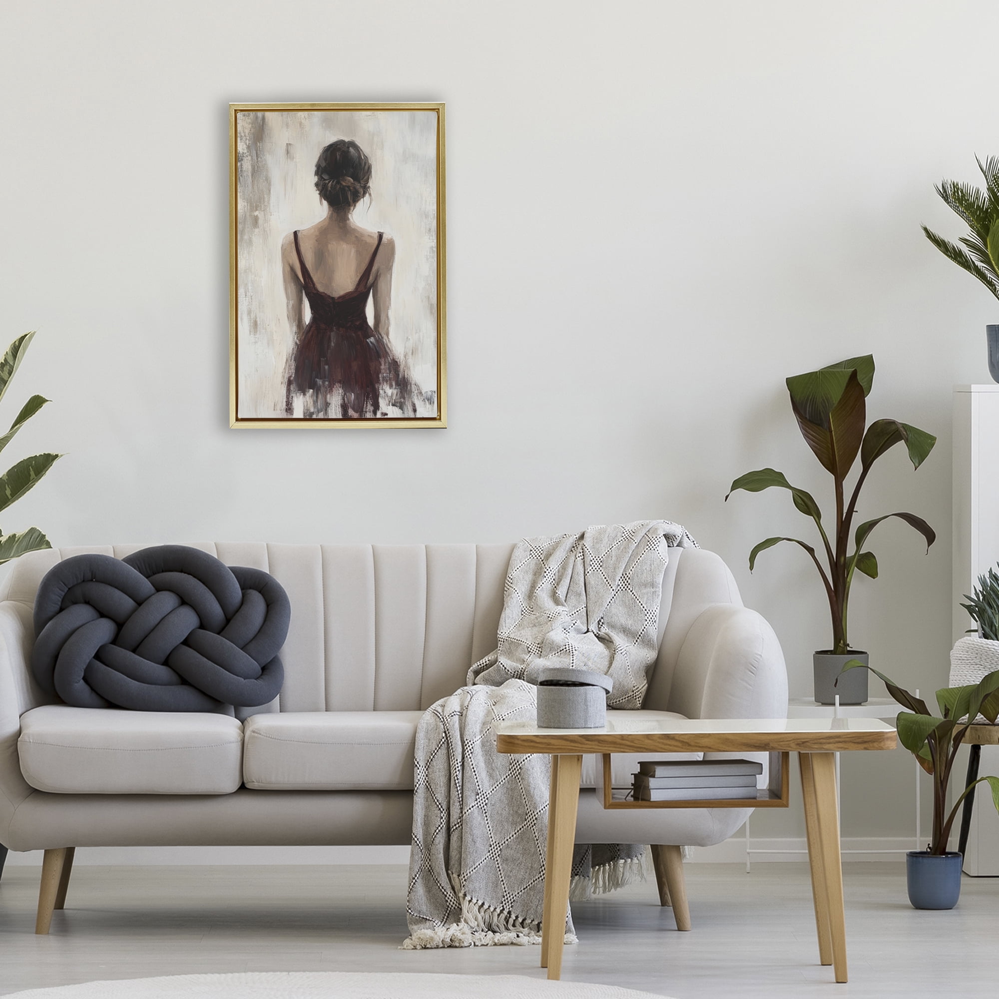 Stupell Industries Portrait of Woman in Burgundy Gold Framed Floater Canvas Wall Art, design by Petal Prints Design