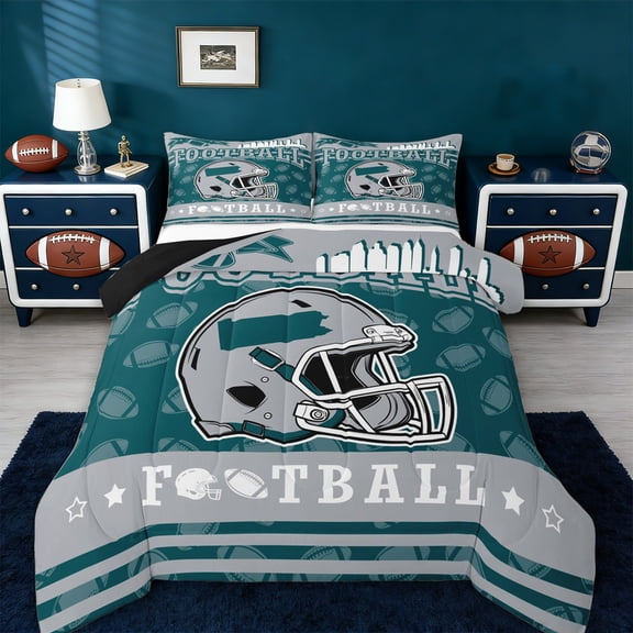 jejeloiu Green Football City Twin Comforter Sets,Rugby Ball Games Bedding Set For Boys Teens Reversible 2-Piece