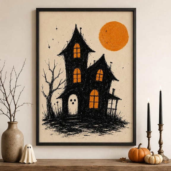 Vintage Haunted House Wall Art Print With Gothic Halloween And Dark Cottage Decor Unframed Paper Print