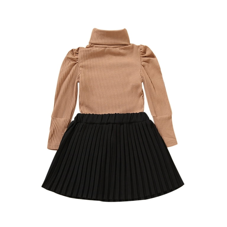 SHIBAOZI Toddler Kids Baby Girls Plaid Skirt Set Turtleneck Ribbed Knit  Long Sleeve Top Pleated Mini Skirt Outfit