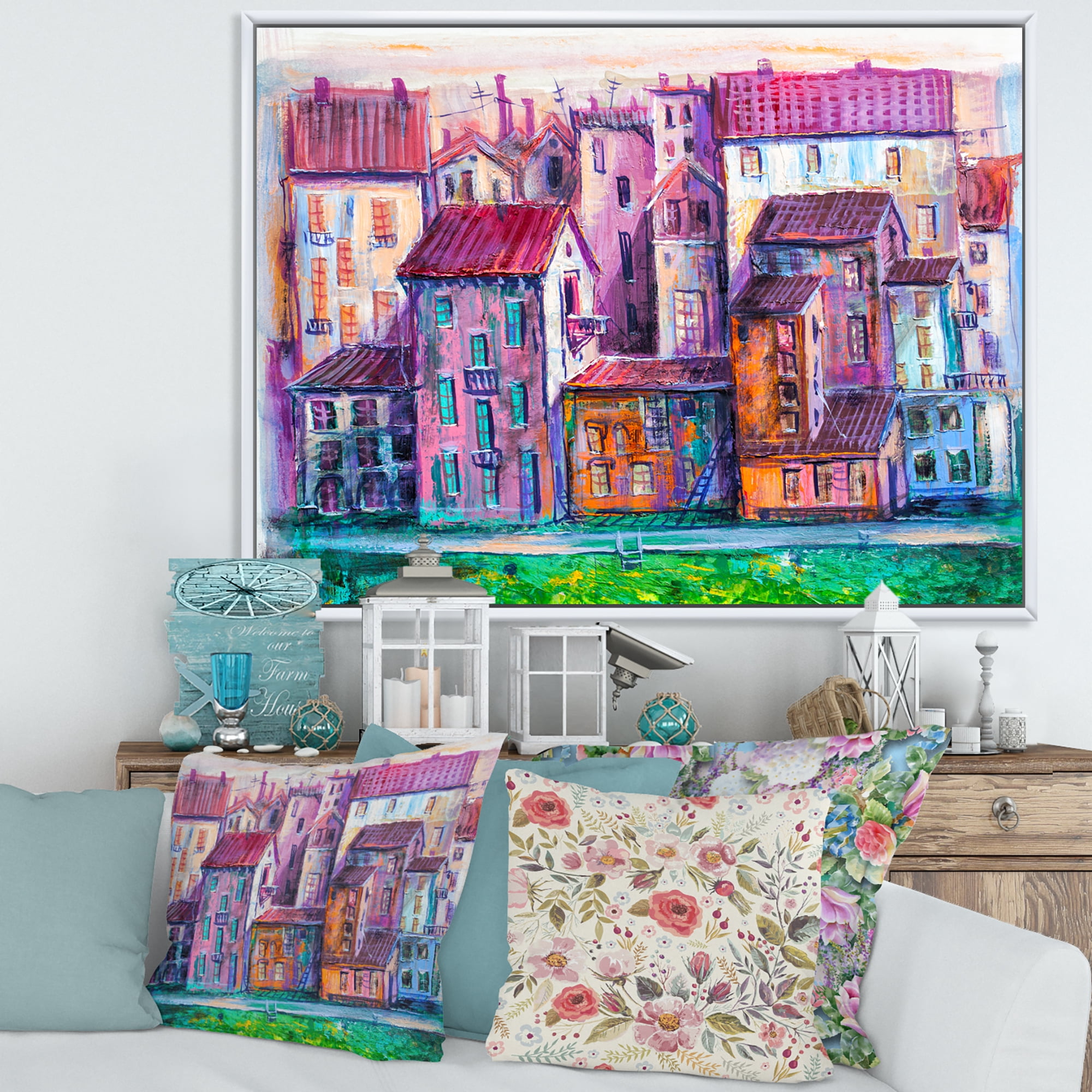 Designart 'Street With Colorful Old Homes Landscape' Modern Framed Canvas Wall Art Print