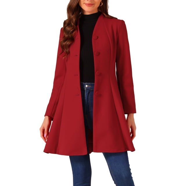 Abrigo de invierno para mujer INSPIRE CHIC, corte A, de manga larga, con botonadura simple, dobladillo peplum, largo, color rojo
