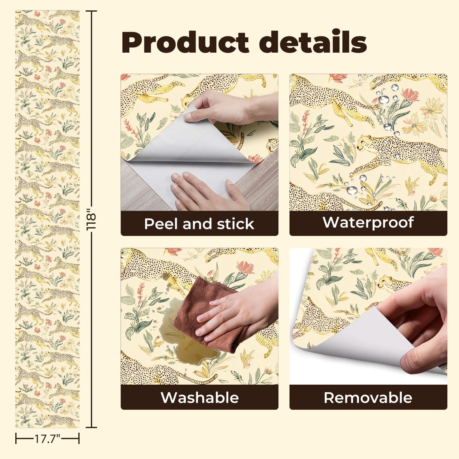 Cheetah Peel and Stick Wallpaper 17.7in x 9.8ft Seamless Cheetah Botanical Vintage Hand Drawn Style Contact Paper Vinyl Waterproof Self Adhesive Wall Paper for Bedroom Shelf Cabinet Renter Friendly