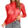 thumbnail image 5 of Penkiiy Mujer malla superior cuello de manga larga Slim Fit ver a través de blusas de camisa tops, 5 of 5