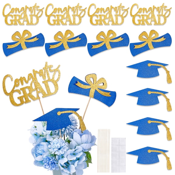 12pcs Graduation Party Decorations Double Sided Graduation Centerpiece Sticks Table Topper Supplies Grad Party Glitter Cutouts