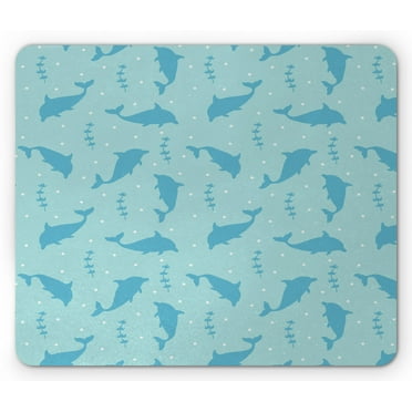Dolphin Mouse Pad, Nautical Pattern with Aquatic Animal Silhouettes and Polka Dots, Rectangle Non-Slip Rubber Mousepad, Pale Seafoam and Sea Blue, by Ambesonne