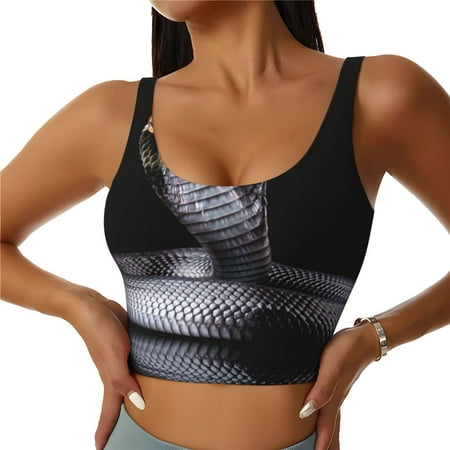 Fotbe Black Cobra Snake Pattern Womens  Sports Bra Longline Wirefree Padded with Medium Support Sports Moisture-Wicking Workou Vest Tank Top-XX-Large