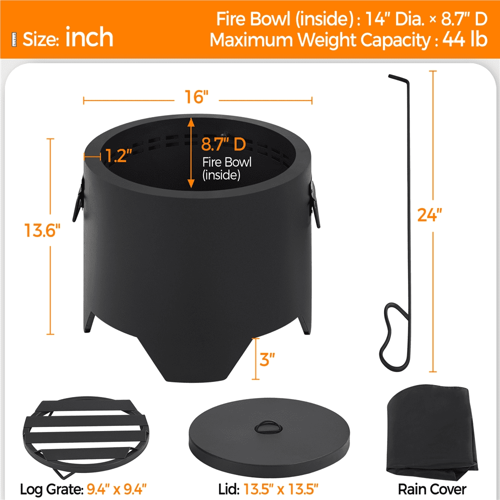Alden Design 16″ Portable Smokeless Fire Pit with Rain Cover & Lid & Log Grate, Black