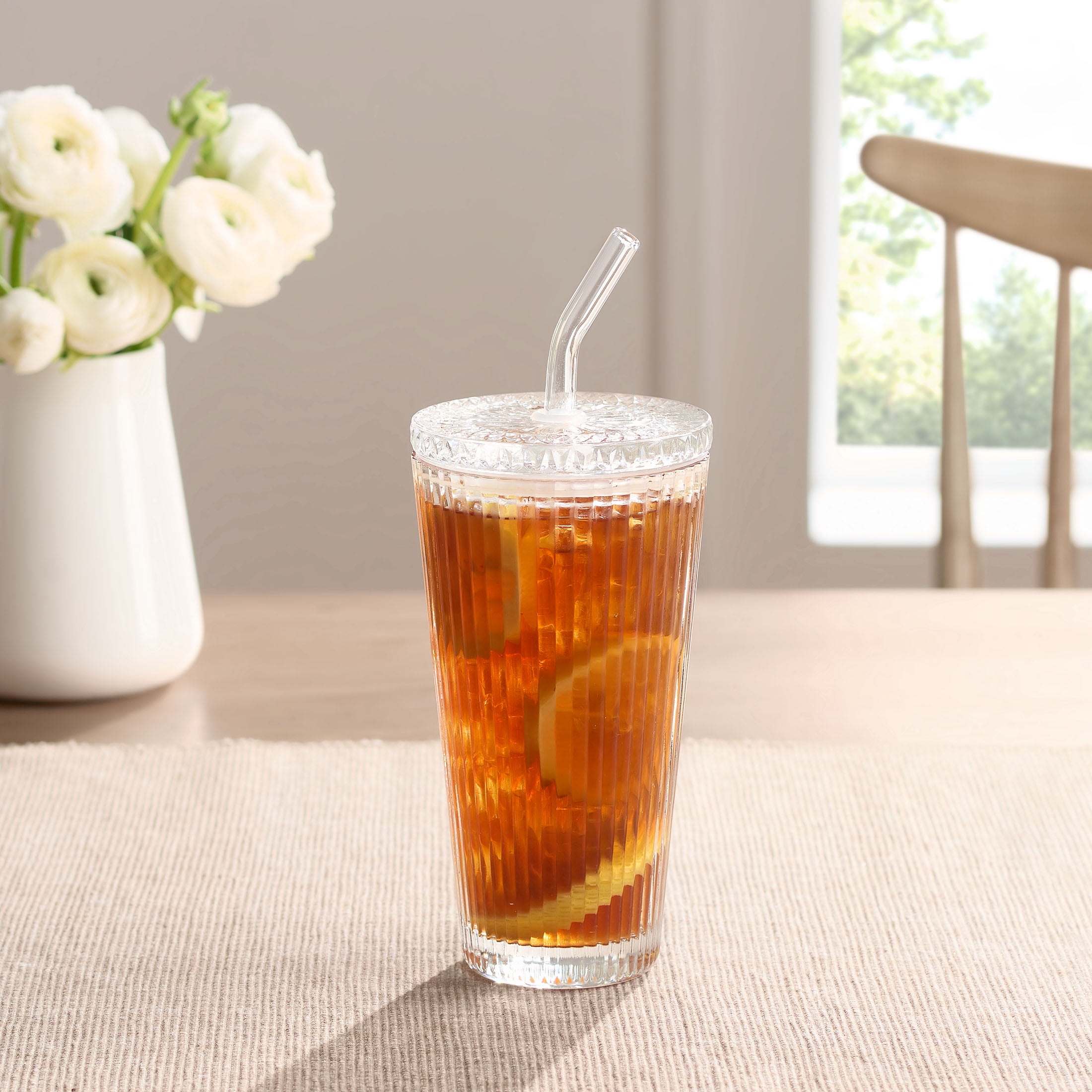 Better Homes & Gardens 21 oz Ribbed Glass Tumbler with Glass Lid and Straw