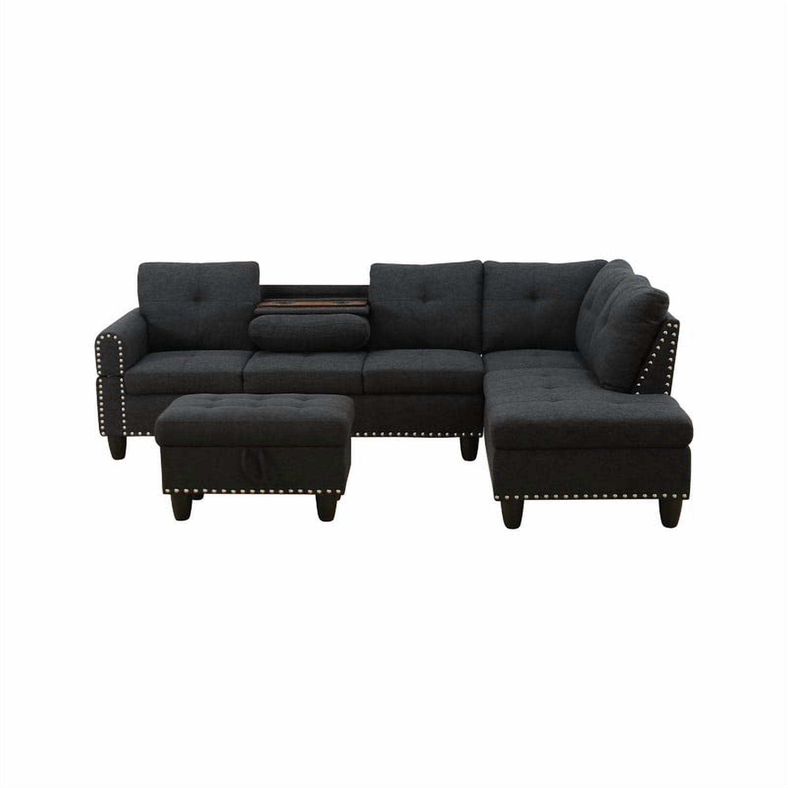 Howcool L-Shape Sectional Sofa with Cup Holders,3-Piece Black Sectional Sofa Couch, Storage Ottoman & 2 Toss Pillows,Nailhead Trim, Right-Facing