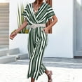 thumbnail image 2 of Gaecuw One Piece Jumpsuits for Women Summer Short Sleeve Overall V Neck Band Collar Striped Onesie One Piece Outfits Casual Baggy Long Pants Wide Leg Romper Pull On Calf Length Trousers Resort Wear, 2 of 8