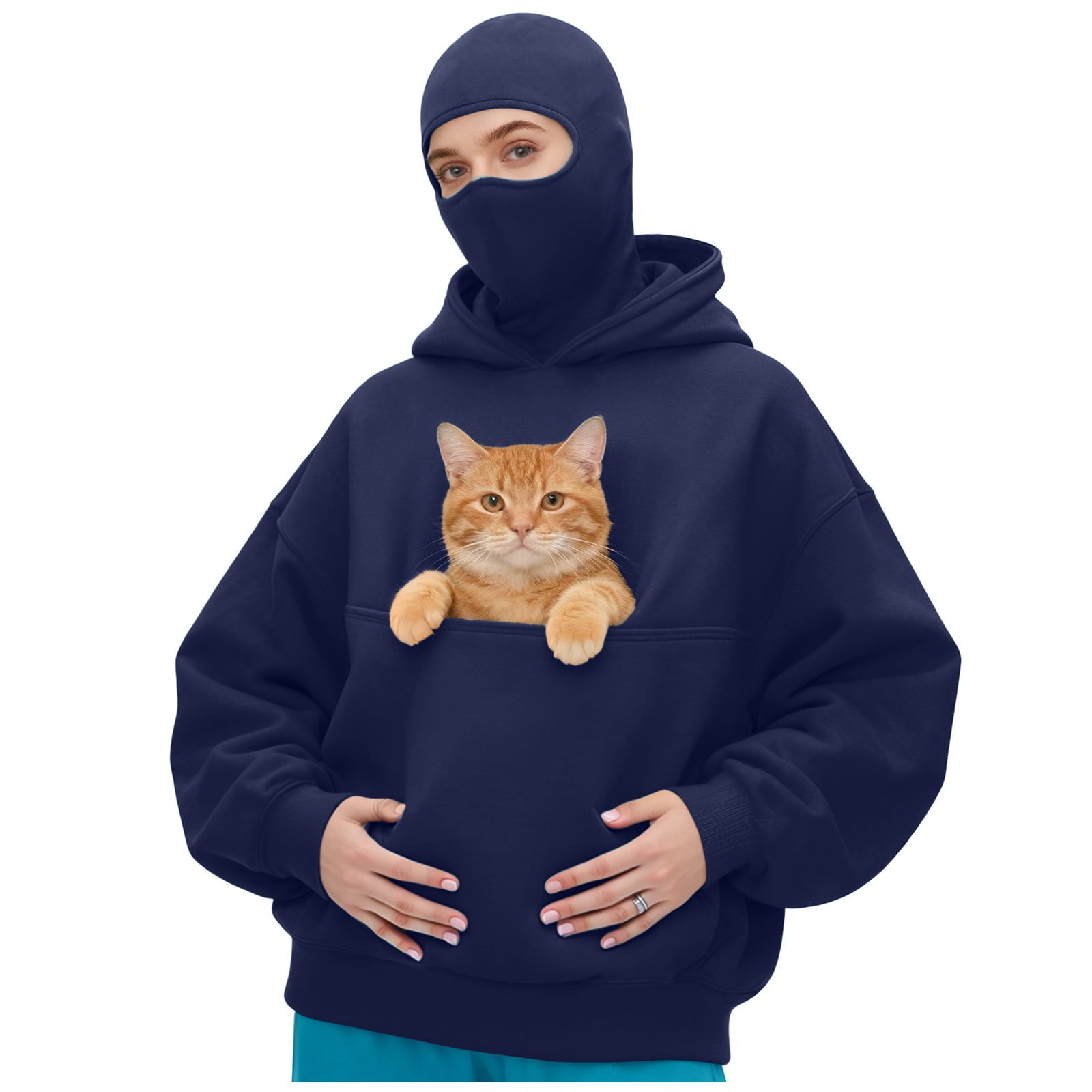 idosla Balaclava Ninja Hoodie with Built In Balaclava Unisex Women Long Sleeved Warm Pet Pocket and Winter Streetwear Sportswear Hoodies (Navy, S)